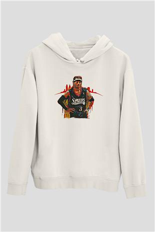 Allen Iverson Baskılı Beyaz Unisex Kapüşonlu Sweatshirt