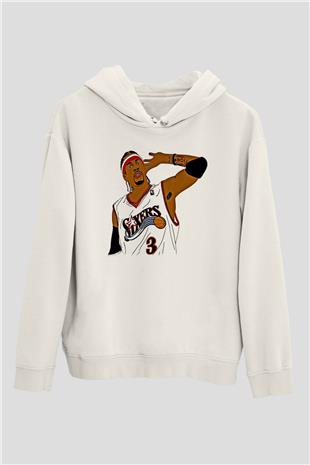 Allen Iverson Baskılı Beyaz Unisex Kapüşonlu Sweatshirt