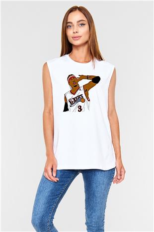 Allen Iverson Baskılı Beyaz Unisex Kolsuz Tişört - Tshirt