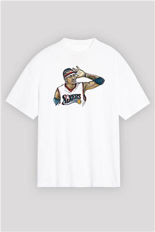Allen Iverson Baskılı Beyaz Unisex Oversize Tişört - Tshirt