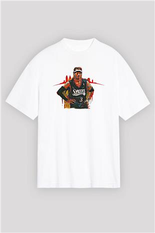 Allen Iverson Baskılı Beyaz Unisex Oversize Tişört - Tshirt