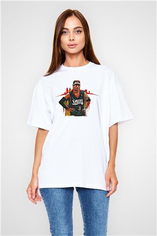 Allen Iverson Baskılı Beyaz Unisex Oversize Tişört - Tshirt
