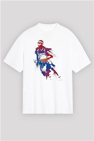 Allen Iverson Baskılı Beyaz Unisex Oversize Tişört - Tshirt
