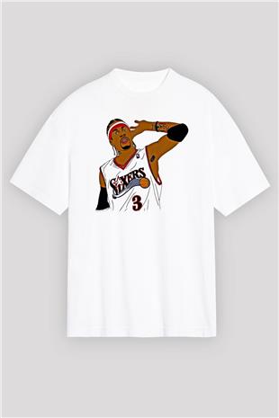 Allen Iverson Baskılı Beyaz Unisex Oversize Tişört - Tshirt