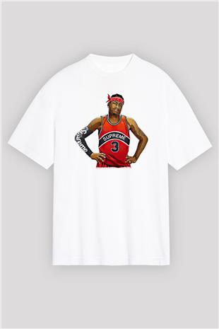 Allen Iverson Baskılı Beyaz Unisex Oversize Tişört - Tshirt