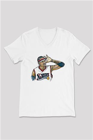 Allen Iverson Baskılı Beyaz Unisex V Yaka Tişört - Tshirt