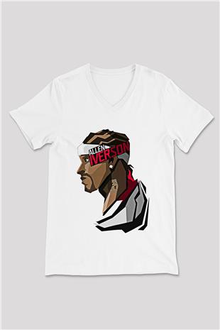 Allen Iverson Baskılı Beyaz Unisex V Yaka Tişört - Tshirt