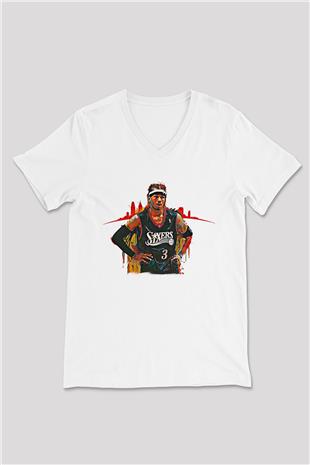 Allen Iverson Baskılı Beyaz Unisex V Yaka Tişört - Tshirt