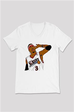Allen Iverson Baskılı Beyaz Unisex V Yaka Tişört - Tshirt