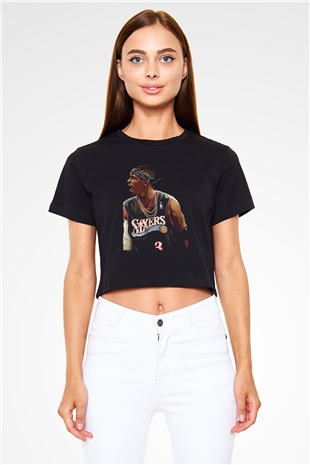 Allen Iverson Baskılı Siyah Crop Top Kadın Tişört - Tshirt