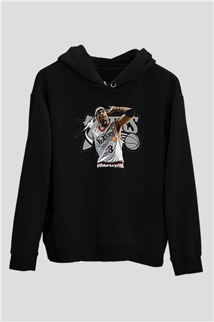 Allen Iverson Baskılı Unisex Siyah Kapüşonlu Sweatshirt