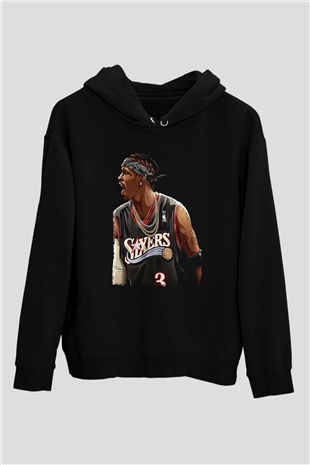 Allen Iverson Baskılı Unisex Siyah Kapüşonlu Sweatshirt