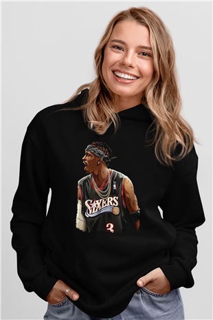 Allen Iverson Baskılı Unisex Siyah Kapüşonlu Sweatshirt