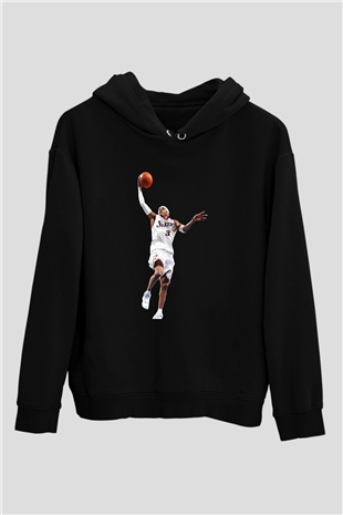 Allen Iverson Baskılı Unisex Siyah Kapüşonlu Sweatshirt