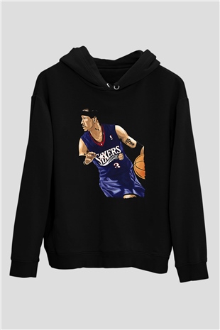 Allen Iverson Baskılı Unisex Siyah Kapüşonlu Sweatshirt