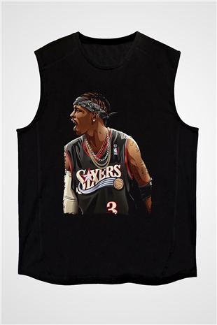 Allen Iverson Baskılı Unisex Siyah Kolsuz Tişört - Tshirt