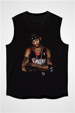 Allen Iverson Baskılı Unisex Siyah Kolsuz Tişört - Tshirt