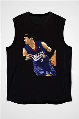 Allen Iverson Baskılı Unisex Siyah Kolsuz Tişört - Tshirt