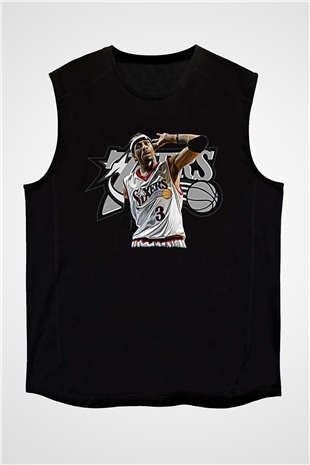 Allen Iverson Baskılı Unisex Siyah Kolsuz Tişört - Tshirt