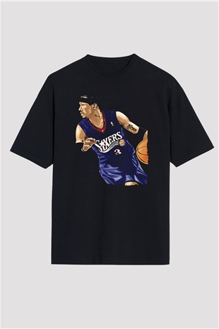 Allen Iverson Baskılı Unisex Siyah Oversize Tişört - Tshirt