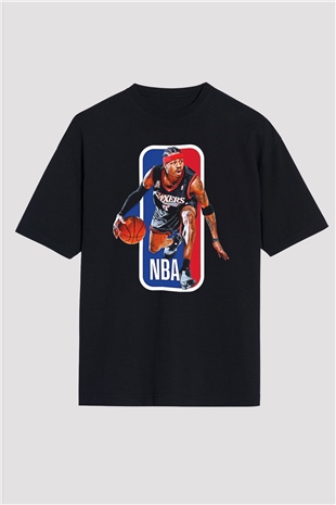 Allen Iverson Baskılı Unisex Siyah Oversize Tişört - Tshirt