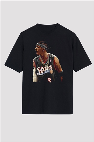 Allen Iverson Baskılı Unisex Siyah Oversize Tişört - Tshirt