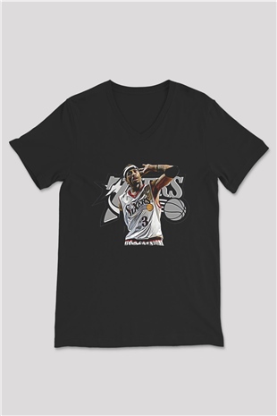 Allen Iverson Baskılı Unisex Siyah V Yaka Tişört - Tshirt