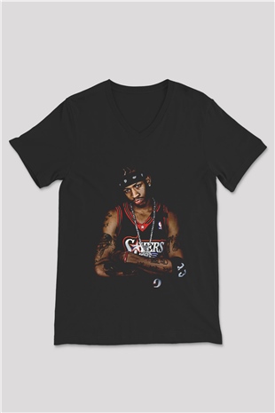 Allen Iverson Baskılı Unisex Siyah V Yaka Tişört - Tshirt