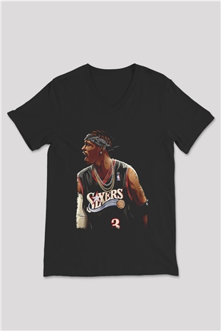 Allen Iverson Baskılı Unisex Siyah V Yaka Tişört - Tshirt