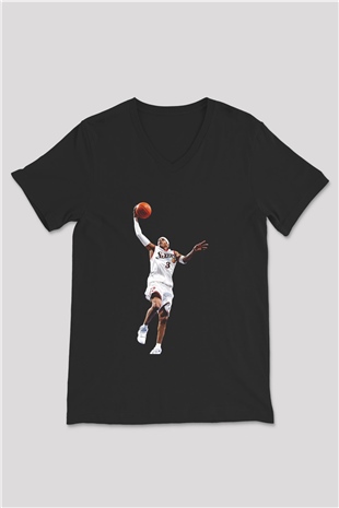 Allen Iverson Baskılı Unisex Siyah V Yaka Tişört - Tshirt