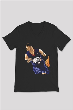Allen Iverson Baskılı Unisex Siyah V Yaka Tişört - Tshirt