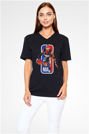 Allen Iverson Baskılı Unisex Siyah V Yaka Tişört - Tshirt
