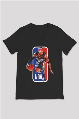 Allen Iverson Baskılı Unisex Siyah V Yaka Tişört - Tshirt