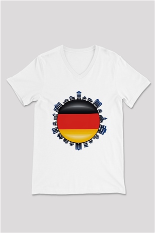 Almanya Beyaz Unisex V Yaka Tişört T-Shirt