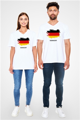 Almanya Beyaz Unisex V Yaka Tişört T-Shirt