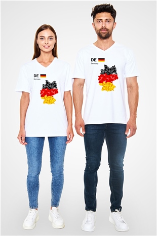 Almanya Beyaz Unisex V Yaka Tişört T-Shirt