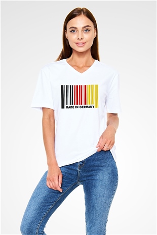 Almanya Beyaz Unisex V Yaka Tişört T-Shirt