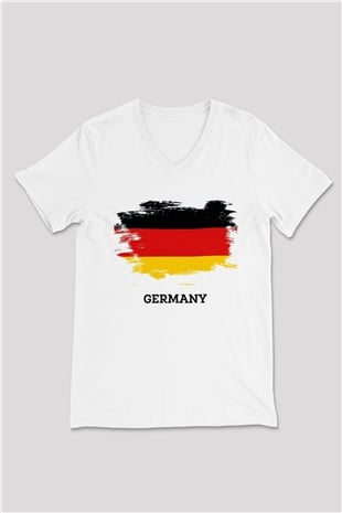 Almanya Beyaz Unisex V Yaka Tişört T-Shirt