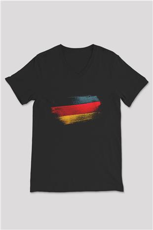 Almanya - Germany Bayrağı Baskılı Unisex Siyah V Yaka Tişört