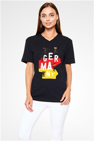 Almanya Siyah Unisex V Yaka Tişört T-Shirt
