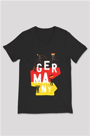 Almanya Siyah Unisex V Yaka Tişört T-Shirt