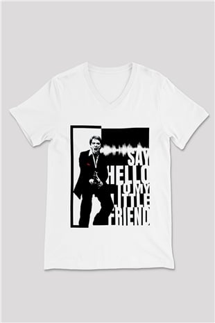 Alpacino Say Hello To My Little Friend Beyaz Unisex V Yaka Tişört