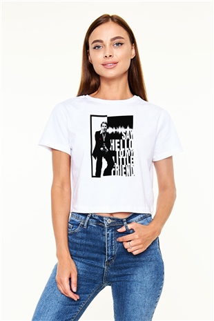 Alpacino Say Hello To My Little Friend Beyaz  Crop Top Tişört