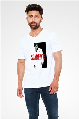 Alpacino Scarface Beyaz Unisex V Yaka Tişört T-Shirt