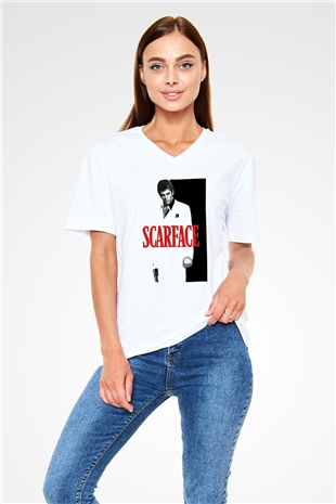 Alpacino Scarface Beyaz Unisex V Yaka Tişört T-Shirt
