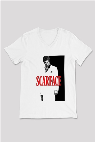 Alpacino Scarface Beyaz Unisex V Yaka Tişört T-Shirt