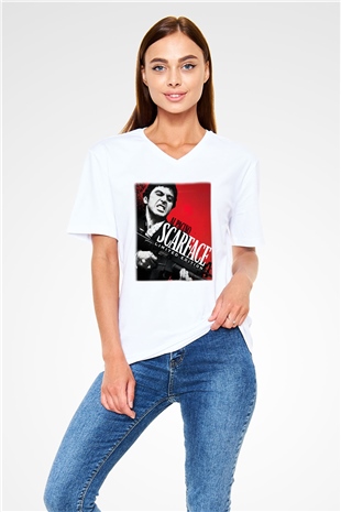 Alpacino Scarface Limited Edition Beyaz Unisex V Yaka Tişört T-Shirt
