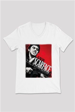 Alpacino Scarface Limited Edition Beyaz Unisex V Yaka Tişört T-Shirt