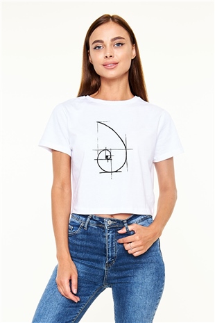 Altın Oran Fibonacci Spirali Baskılı Beyaz Kadın Crop Top Tişört