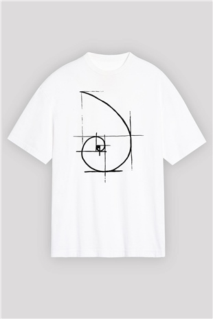 Altın Oran Fibonacci Spirali Baskılı Unisex Beyaz Oversize Tişört